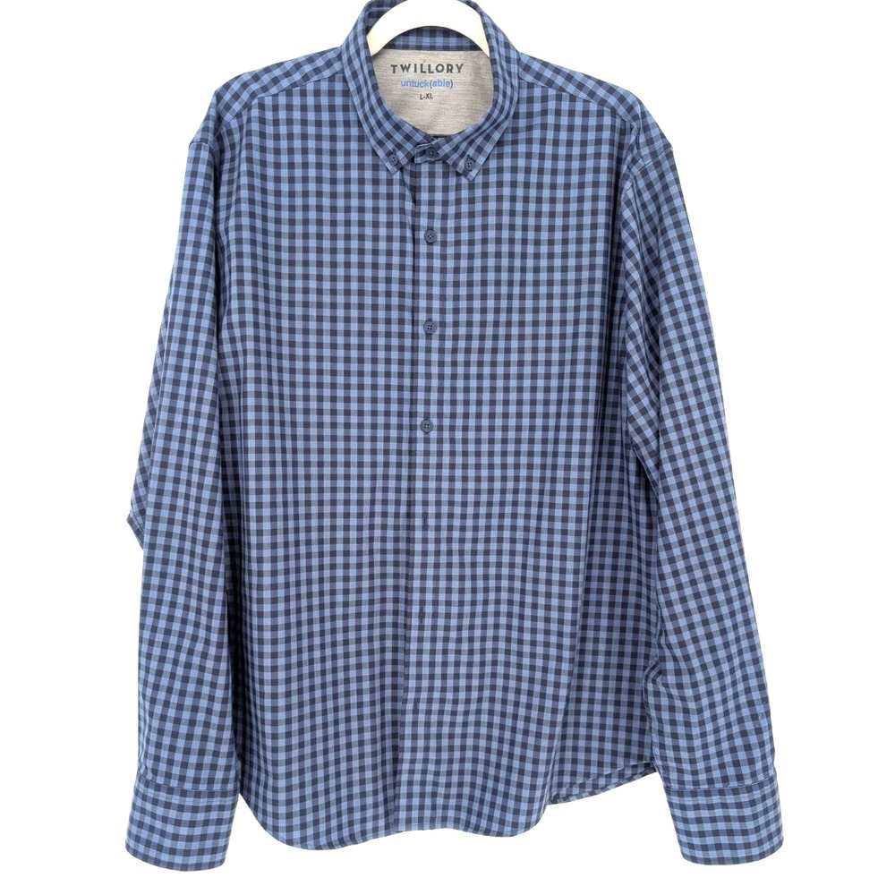 Twillory Untuckable Gingham Performance Button Down Shirt Mens L XL Navy Preppy